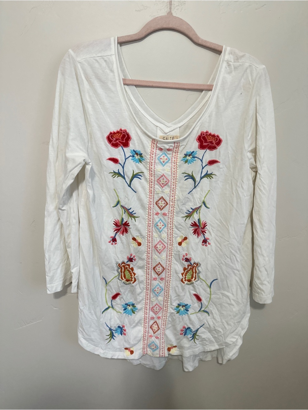 Caite White Embroidered Long-Sleeve V-Neck Tunic